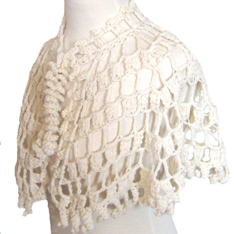 Romantic Wedding Crocheted Lace Capelet Shrug Creamy Ivory Wool