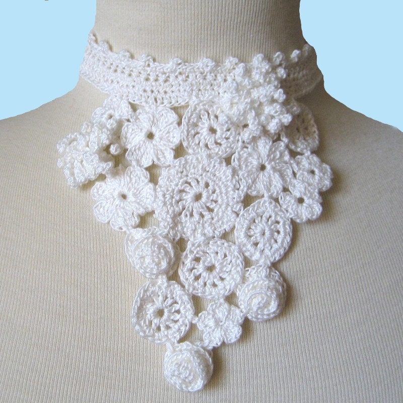 Wedding Necklace - Crocheted Bib Victorian Statement Neckpiece - Bridal Flowers