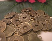 PENDANT CHARM (30) ASIAN ASSORTMENT COINS Heart Round Phoenix Dragon Antique Brass Metal ESST ZNE