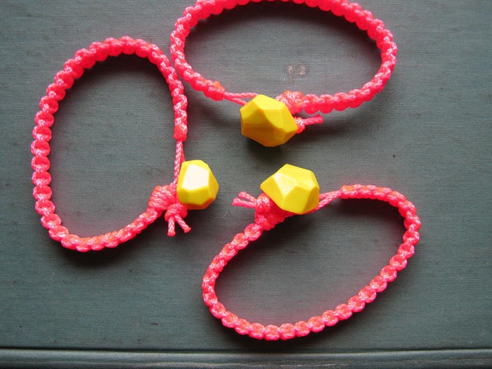 Friendship Bracelet  - Macrame Neon Pink Square Knot Lemon Yellow Geo Bead Closure