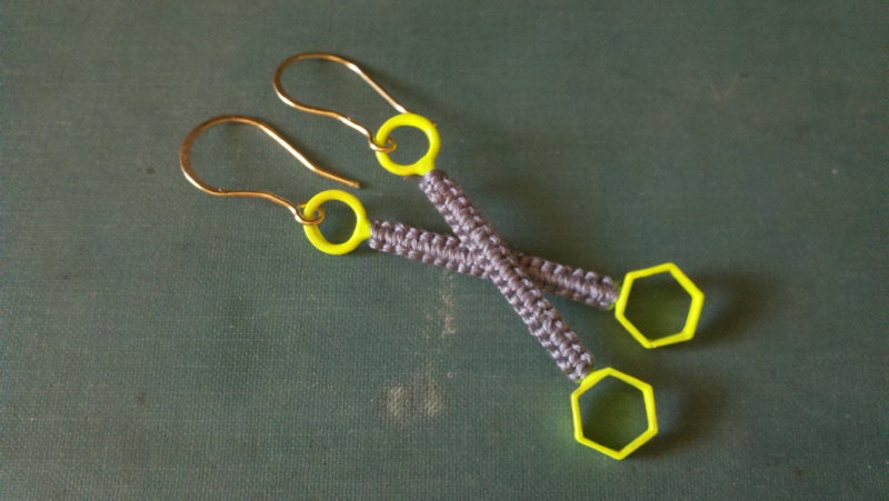 Overmix Earrings - Neon Yellow, Macrame, Woven, Geometric, Gray, Brass