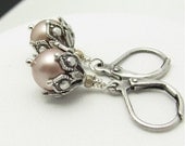 Almond Pearl Earrings Steampunk Earrings Pearl Ornate Almond Swarovski Pearls Antiqued Silvertone