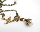 Pearl Bird Necklace Swarovski Crystal Pearl Heart and Bird in Flight Antiqued Goldtone Victorian Style