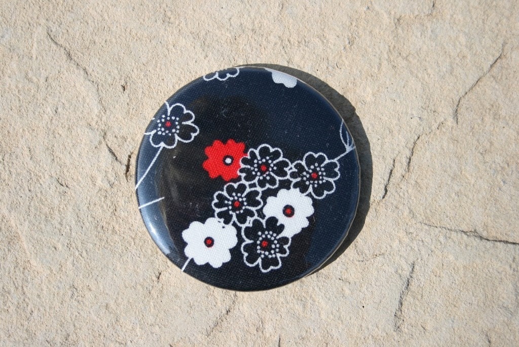 BRIDESMAID GIFT - red and white blossoms on black button mirror