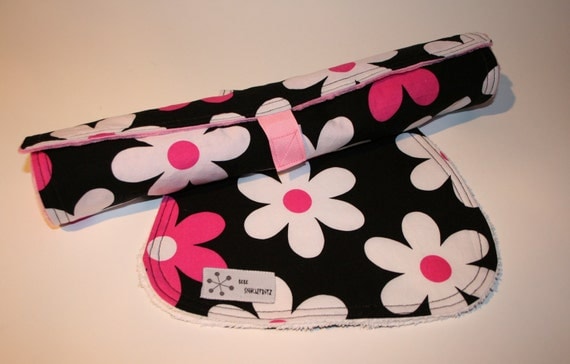 BABY GIFT SET - Hot Pink Daisies on Black Burp Cloth and Changing Mat Gift Set