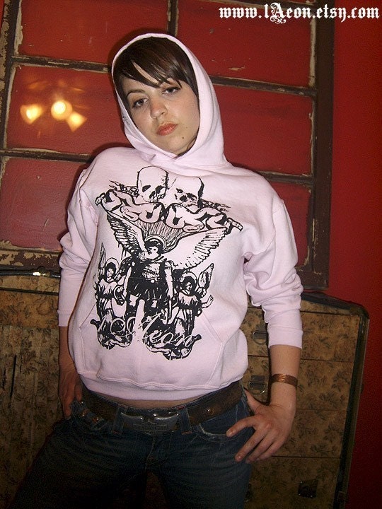 1AEON light pink pullover hoodie with a Pegasus, Skulls and Angels girls S/M