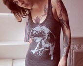 free shipping etsy, native american, burnout wolf tee, womens tank, 1AEON Soft women's burnout asphalt tank with white Wolf -M