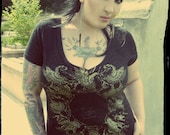 plus size, black t shirt, plus fashion, 1AEON burnout deep v neck black shirt with Golden Pegasus Glory - women's XXL