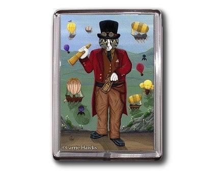Steampunk Cat Magnet Victorian Gothic Airships Hot Air Balloons Fantasy Cat Art Framed Magnet