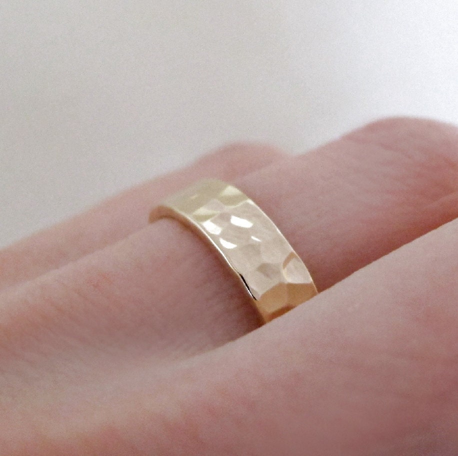 14k Yellow Gold Wedding Ring Set of Two - Hand Hammered Recycled Gold - 3 and 5 mm