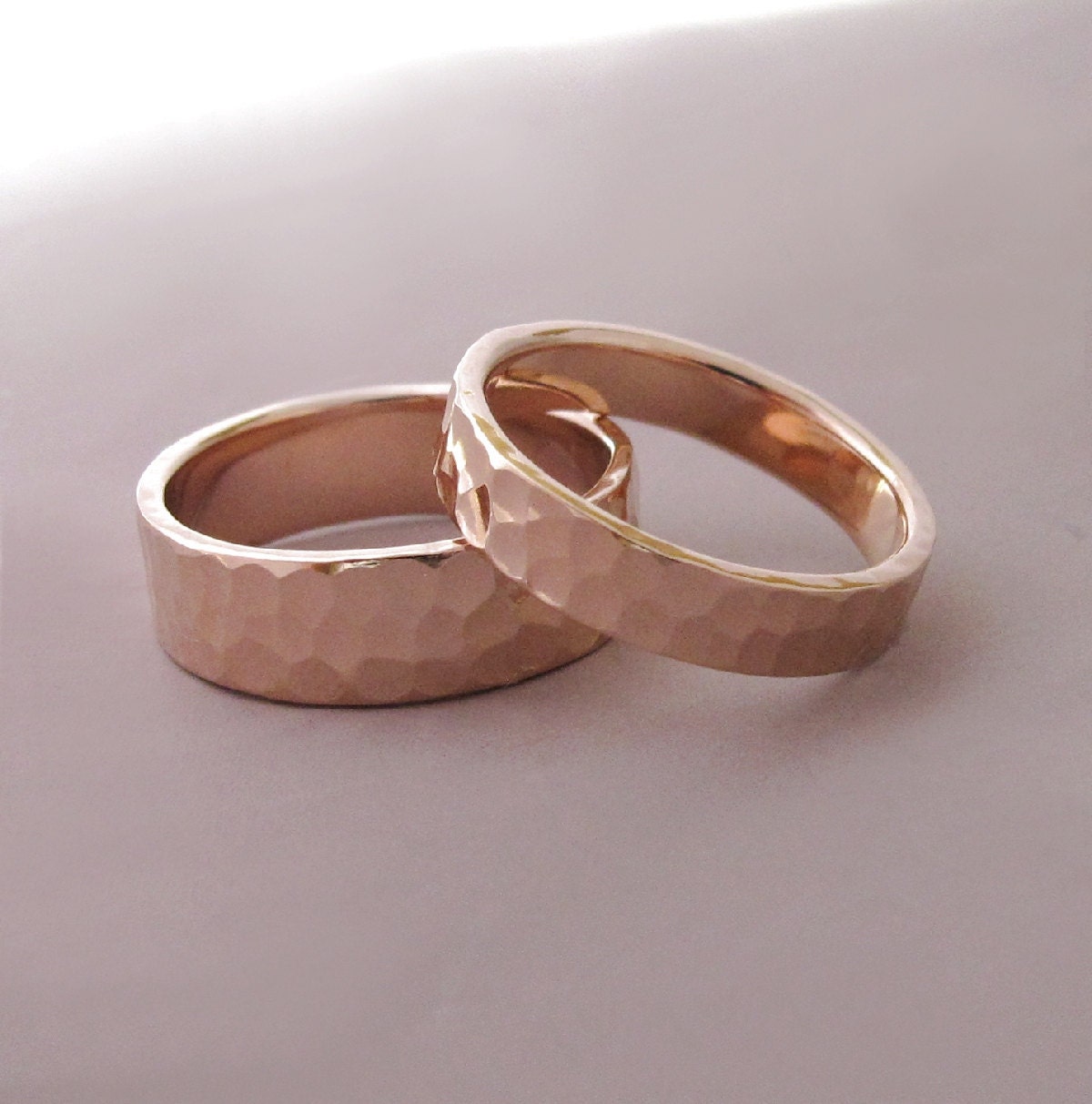 14k Rose Gold Wedding Rings - Hammered - Recycled Gold - 4 and 6 mm Set of Two