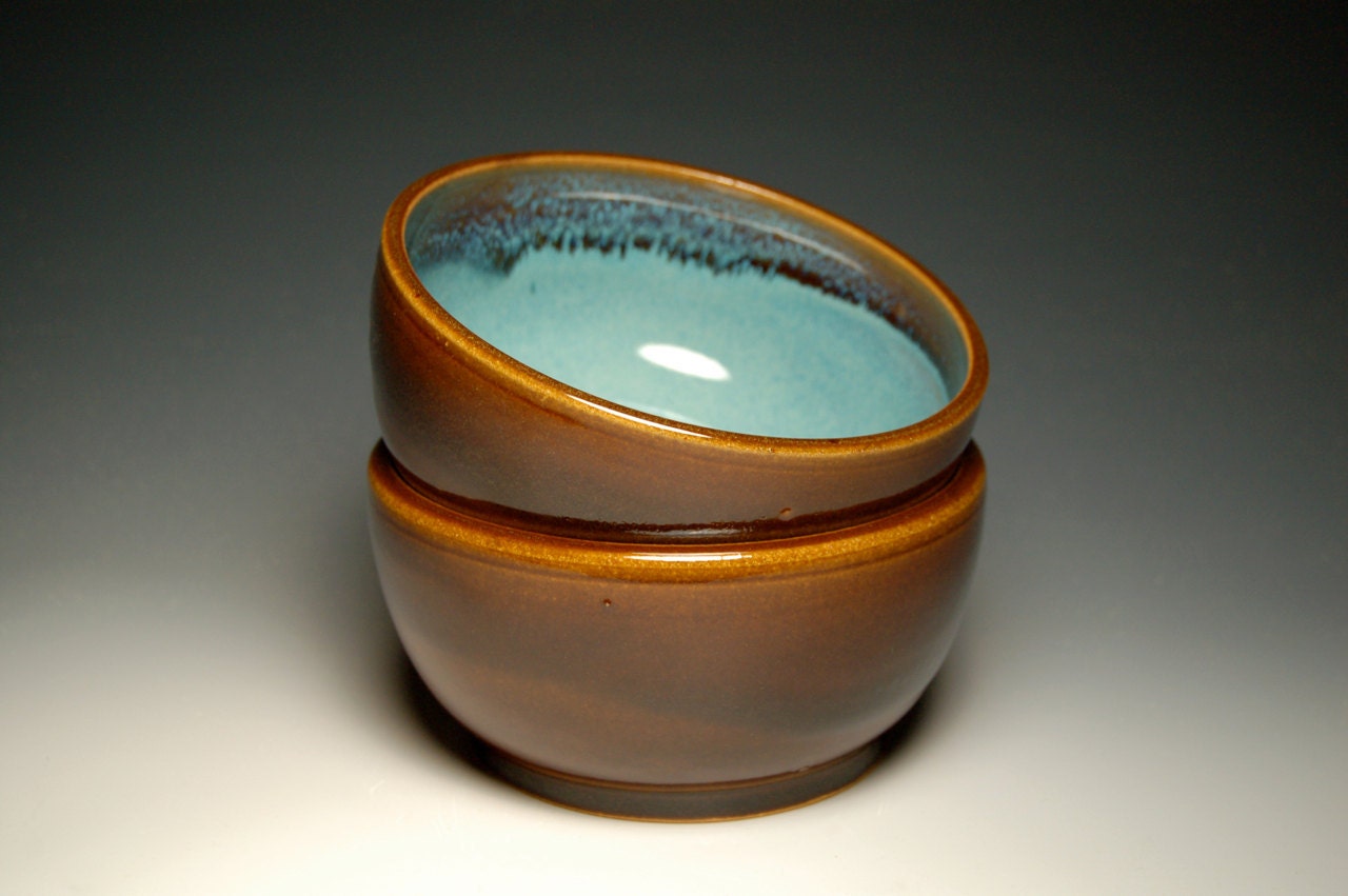 Pair of Cereal Bowls - Hand-Thrown Brown and Teal Pottery