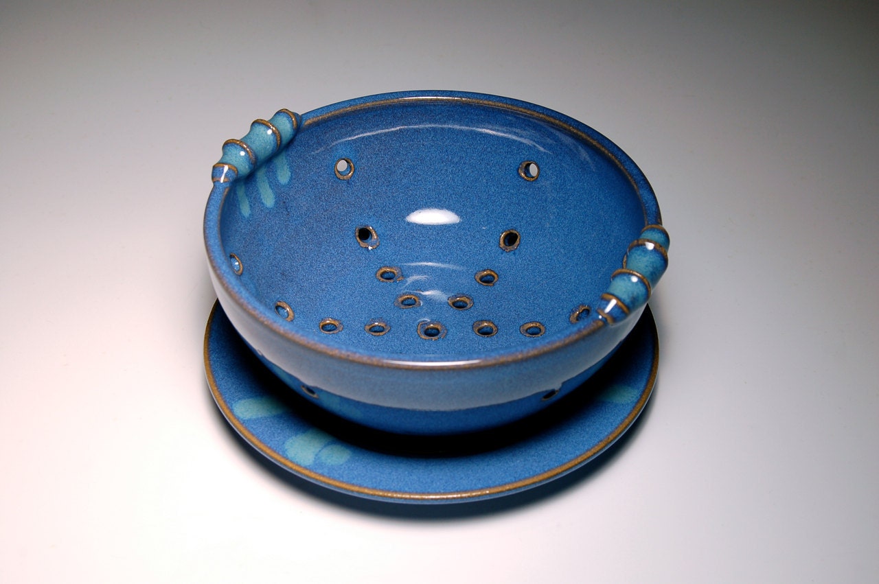 Large Berry Bowl and Saucer - Blue and Teal Pottery