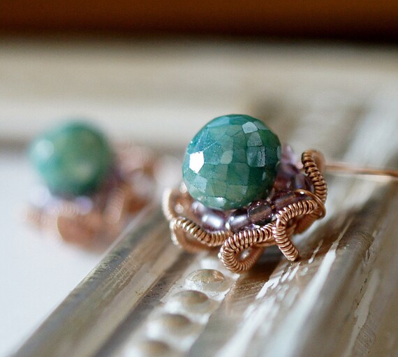 Puya mystic Emerald light purple Amethyst 14kt Rose Pink Goldfill wire Flower charm dangle Earrings