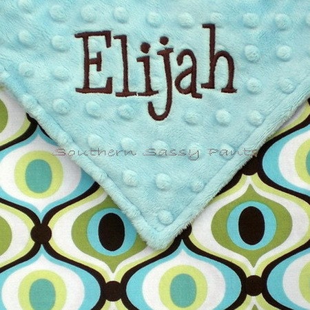 Personalized Baby Blanket , Minky and Spa Feeling Groovy - Embroidered Blanket for Baby Boy or Baby Girl
