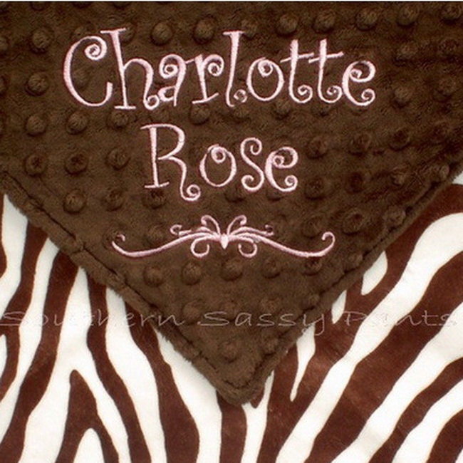 Brown Zebra Baby Blanket , Personalized Minky Baby Girl Blanket - Embroidery Included