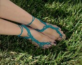 The Vine - Tatted Lace Barefoot Sandals - Ocean Teal with Beads