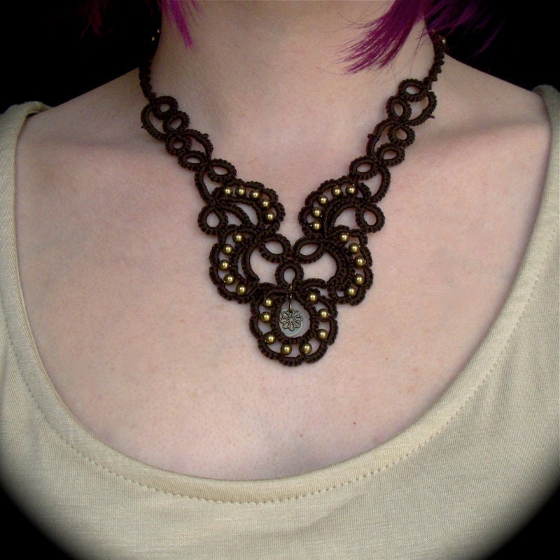 Tatted Lace Necklace - Trailing Scrolls - Chocolate Brown and Brass