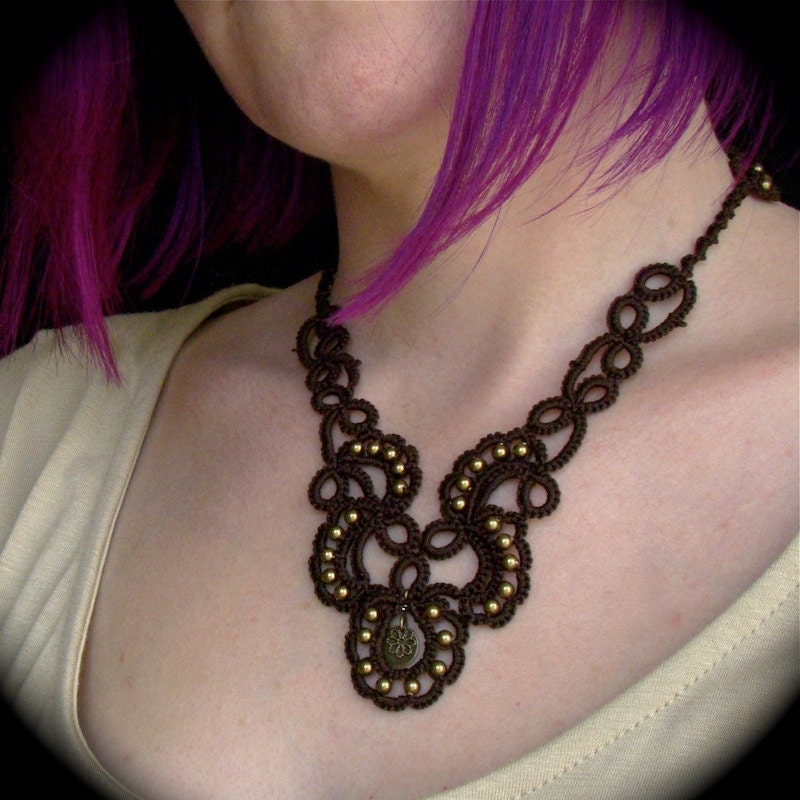 Tatted Lace Necklace - Trailing Scrolls - Chocolate Brown and Brass