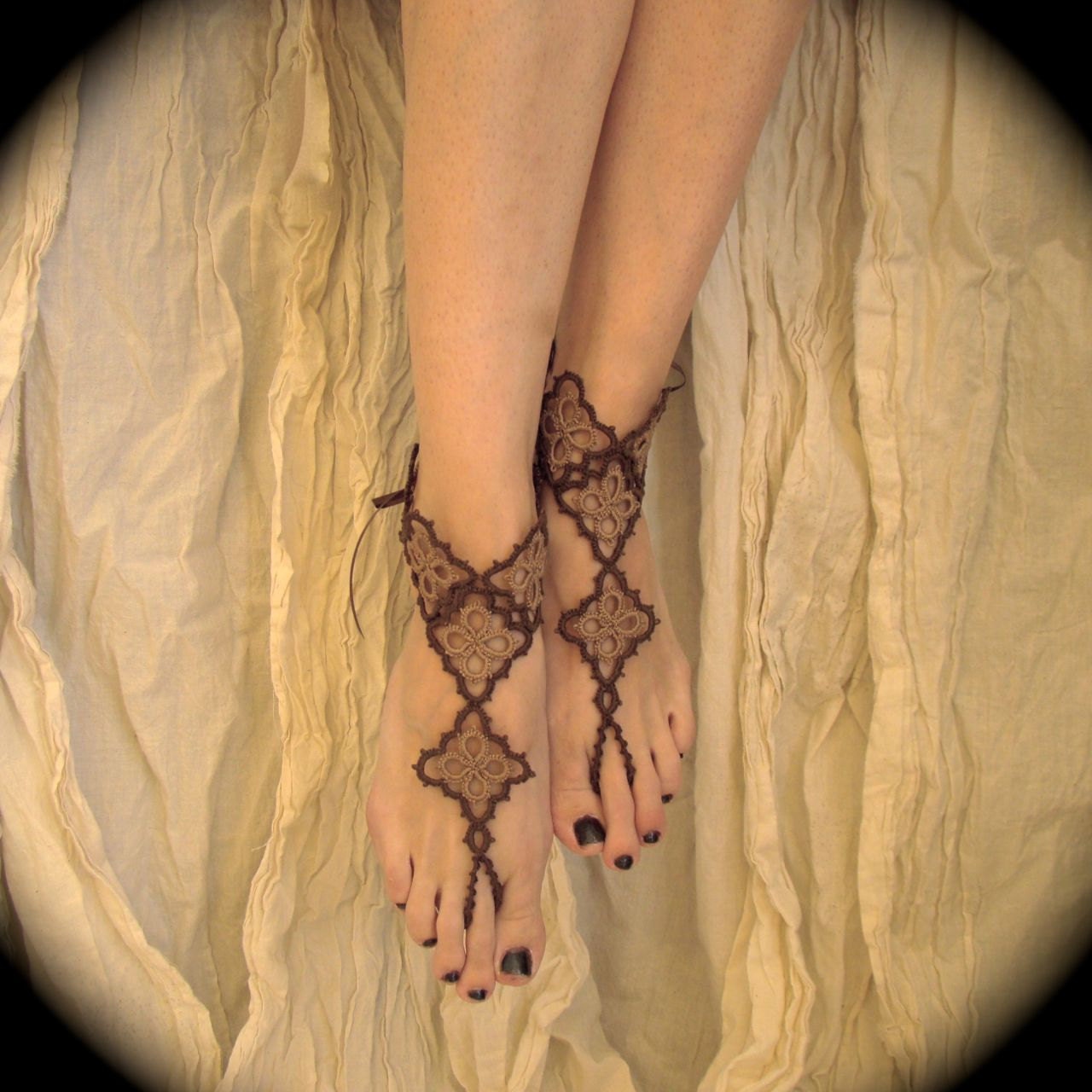Tatted Barefoot Sandals - Lizzy's Diamonds in Sepia