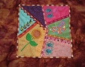 Quilt Blocks, Squares, Embroidered and Appliqued Crazy Quilt Blocks - Sunflowers and Irises - Butterflies and Squiggles - Custom Order