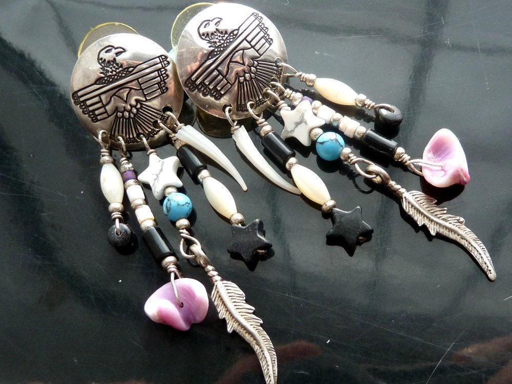 Native American Indian peyote bird earrings gypsy boho bohemian style feathers with shell turquoise in sterling silver
