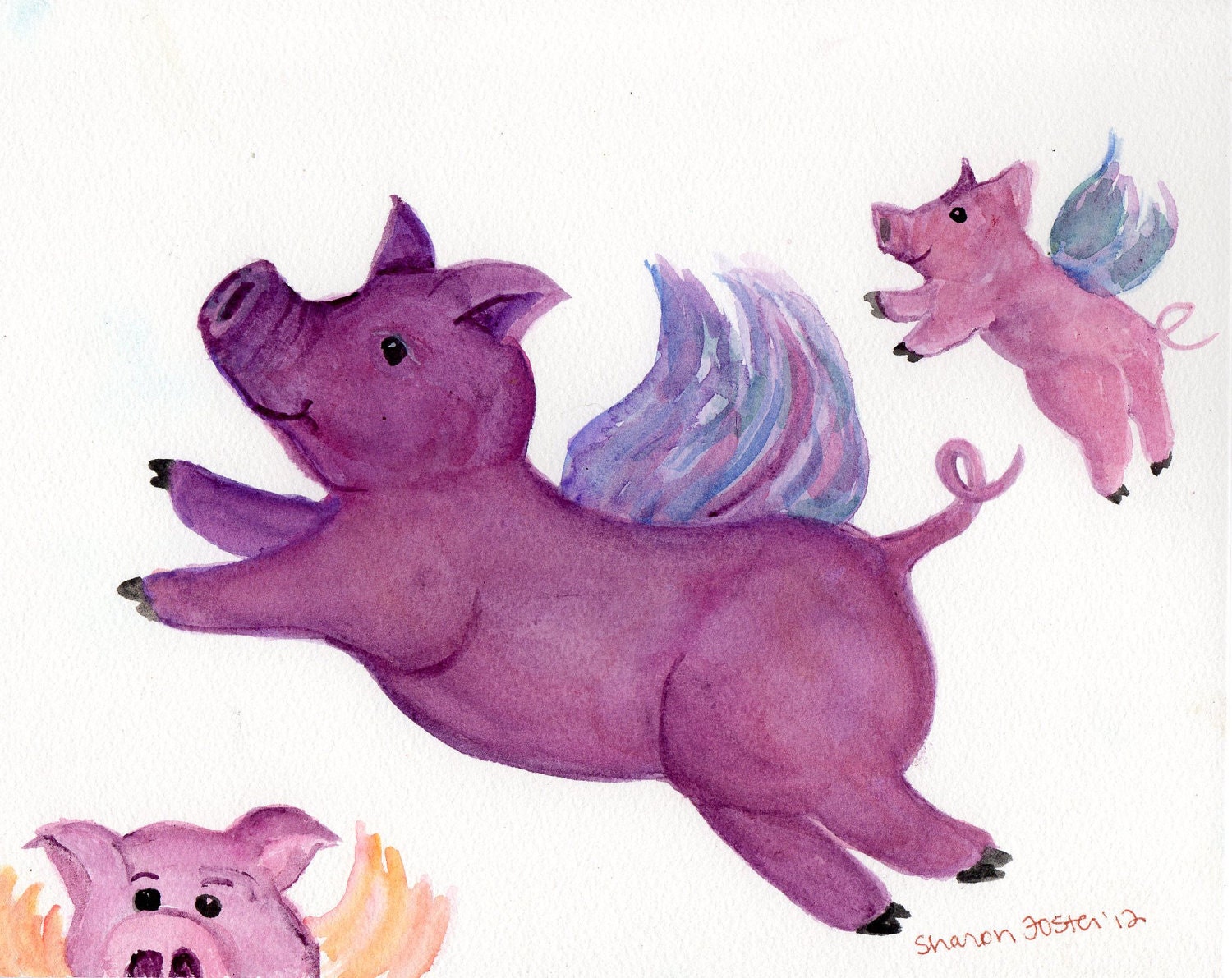 Purple Flying Pigs  original watercolor painting  Flying PIG ART