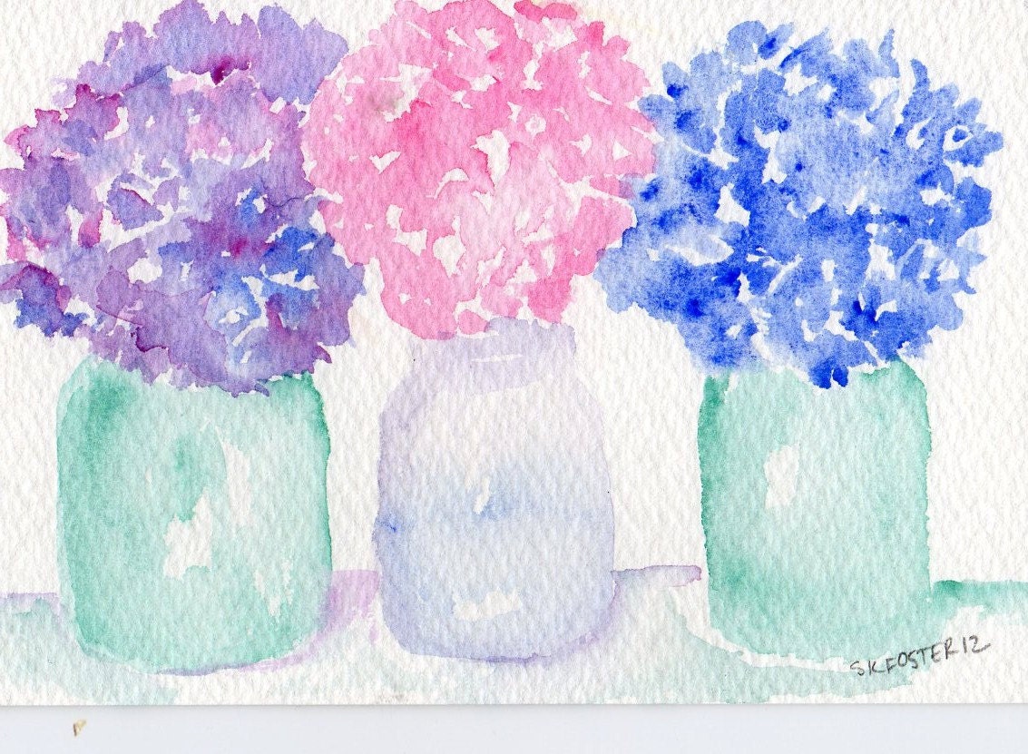 Original Hydrangeas Purple, Blue and pink in Blue Ball aka  Mason Jars watercolor painting