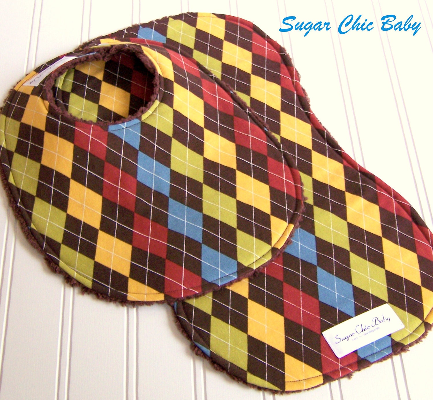 Baby Bib & Burp Cloth Set  -  Set of 3 - Triple Layer Chenille -  Renditions Argyle