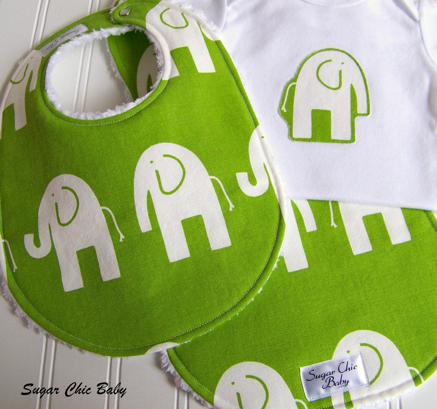 Baby Gift Set - Green Elephant Onesie Bodysuit, Baby Bib & Burp Cloth Set  -  Gender Neutral for Baby Boy or Baby Girl