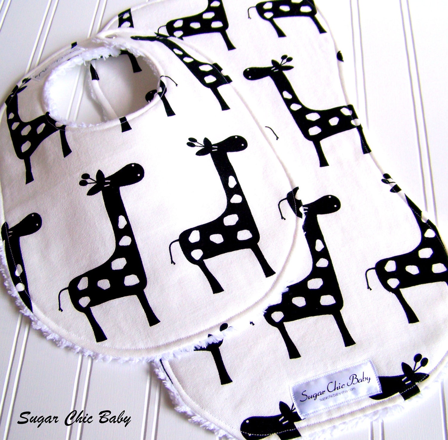 Baby Bib & Burp Cloth Set  -  Triple Layer Chenille  -  Gender Neutral Black and White Giraffe