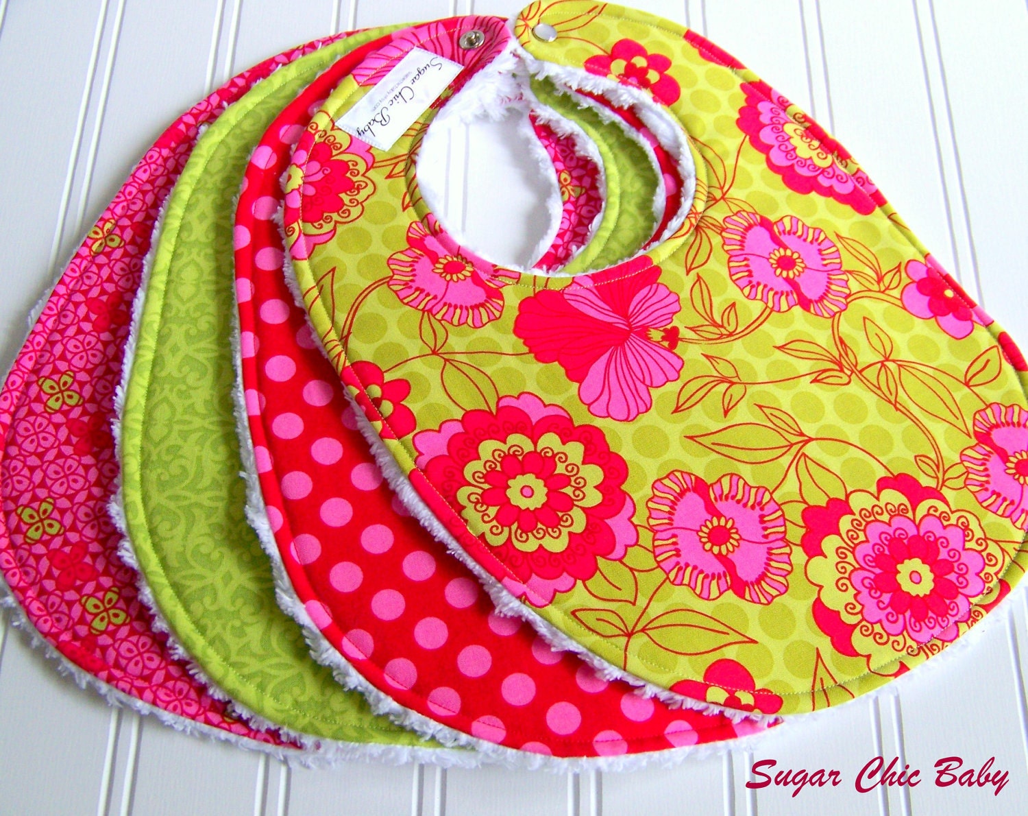 Baby Bibs for Baby Girl  - Set of 4 Chenille Bibs  -  Pink and Lime Green  Floral, Dots & Damask