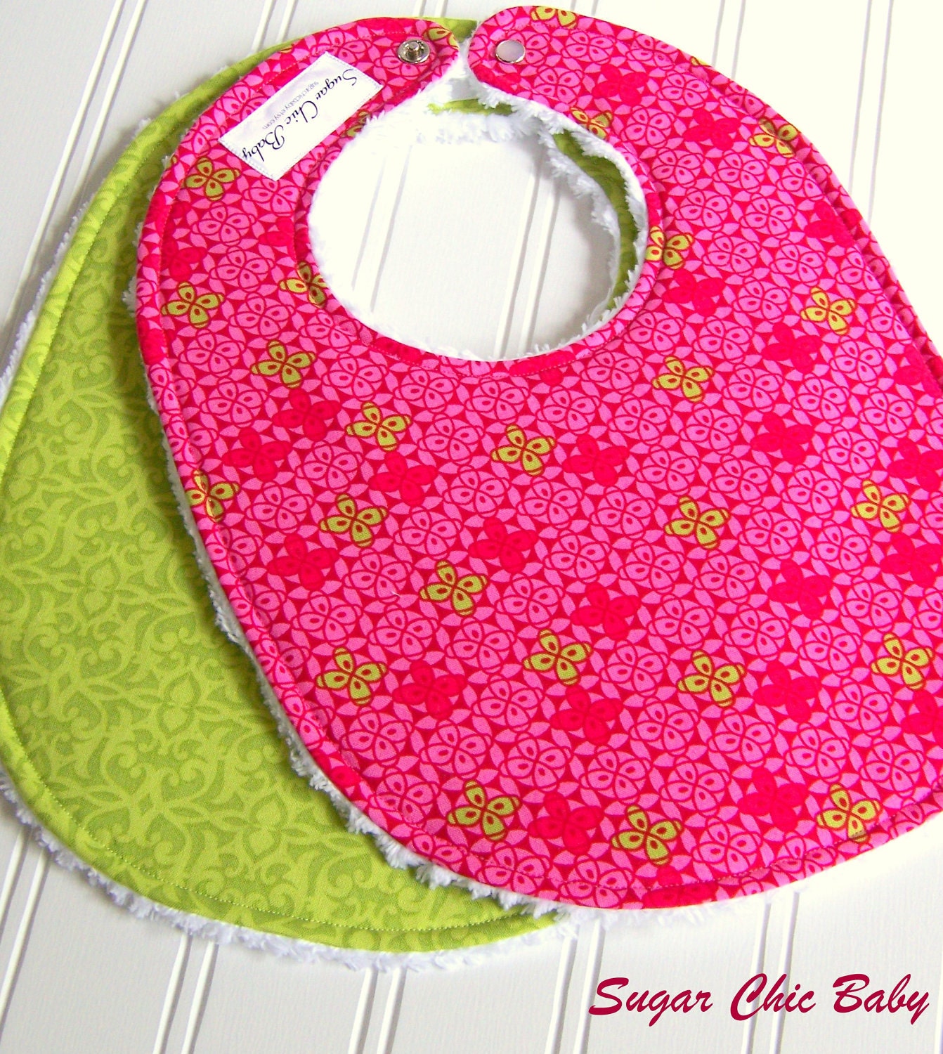 Baby Bibs for Baby Girl  - Set of 4 Chenille Bibs  -  Pink and Lime Green  Floral, Dots & Damask