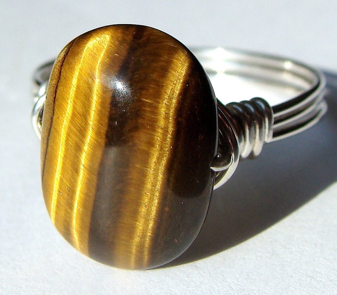 Oblong Oval Side Drilled Tiger's Eye Gemstone Ring Wire Wrapped in Sterling Silver Ring