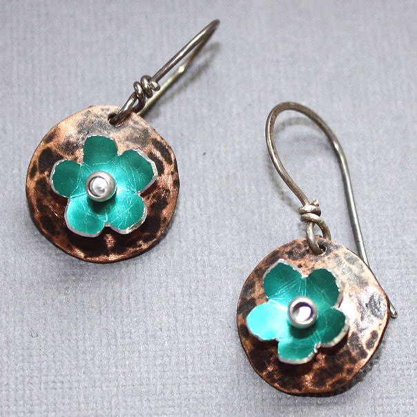 Hammered Copper Disc Little Flower Garden Dangle Earrings