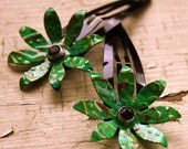 Verdigris Flower Hair Clips barrette brass and steel
