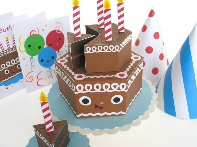 Happy Birthday Chocolate Cake Party Playset Printable Paper Craft PDF