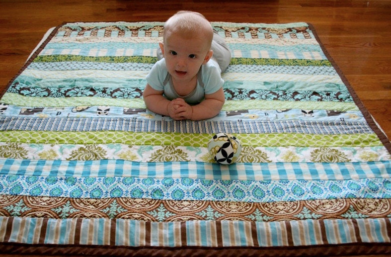 Boy Themed Jelly Roll Grab Bag Set of 20 Three Inch Strips in Mostly Blues and Greens.  Make A Baby Quilt Top in Less Than An Hour.