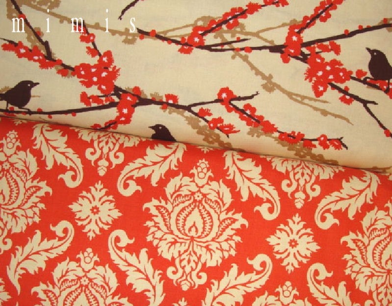 Joel Dewberry Fabric / AVIARY 2 Collection / Damask in Saffron & Sparrows in Bark -  Cotton Quilt Fabric 1 yard