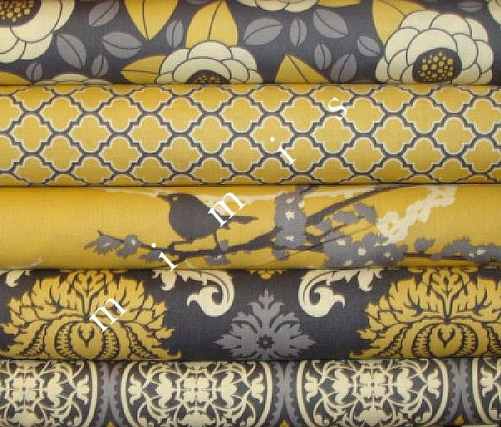 Bundle AVIARY 2  Collection / Joel Dewberry Fabric 5 Half Yard Bundle /  Vintage Yellow  Cotton Quilt Fabric