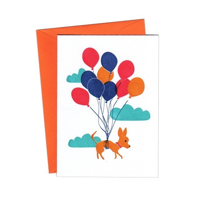 Chihuahua Flying with Balloons Notecards Set of Three Gocco Print Cards
