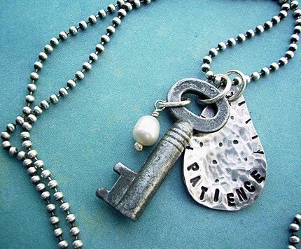 Patience is KEY - Hand Stamped Sterling Silver and Vintage Antique Skeleton Key Charm Necklace - KEY SERIES personalized