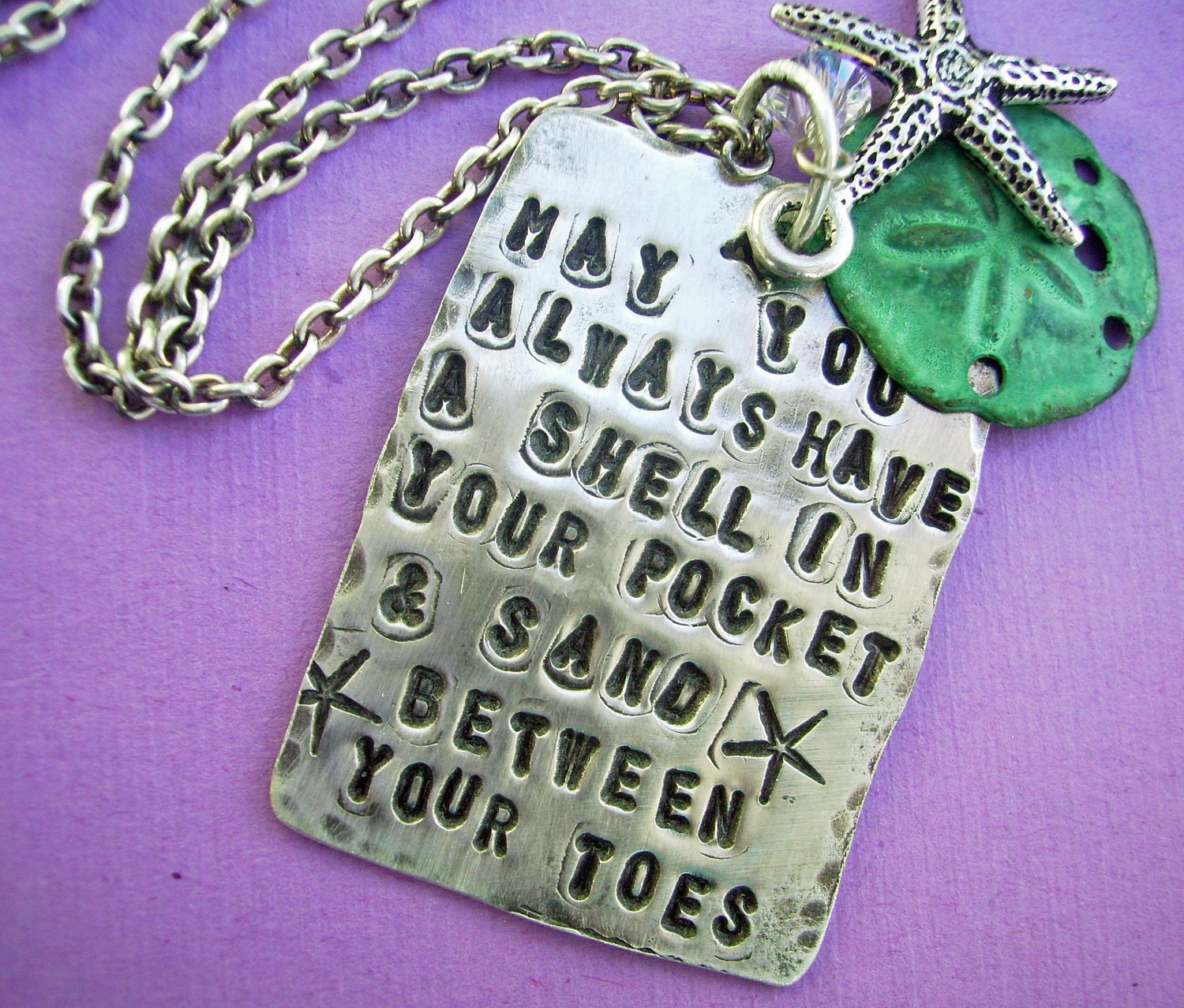 NEW - Beach Sterling Silver SCRIPTZ Hand-Stamped Poem Charm Necklace with Silver Starfish and Patina Sanddollar Charm Dangle.. Ready To Ship
