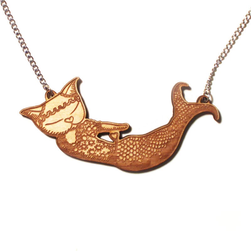 Mermaid Cat Necklace - hand drawn illustration laser cut from birch wood
