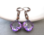 Rhinestone Earrings, Clear Purple, Copper Earrings, Purple Earrings, Vintage Glass Charms, Octagon, Old World Charm, Copper Chain