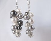 Silver Bauble Cluster Earrings with Swarovski Crystals and Swarovski Pearls for Weddings and Prom