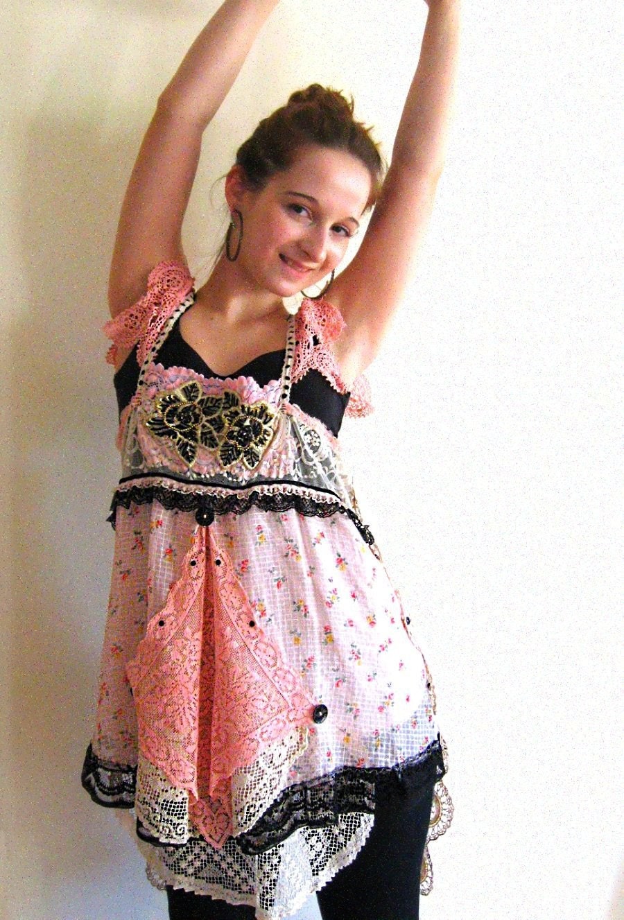 SALE - Candy Girl Top, Vintage Fabric, Lace, Pretty, Floaty, Layered, Beaded, Pink, Gold, Black, Boho
