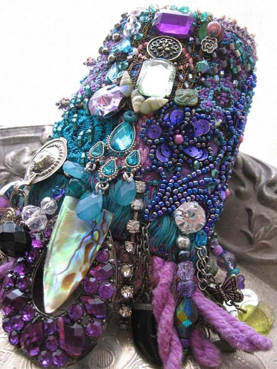 Cool Mystique Gypsy Jangle Bracelet, Heavily Beaded, Jeweled, Purple, Blue, Green, Black, Silver, Bohemian