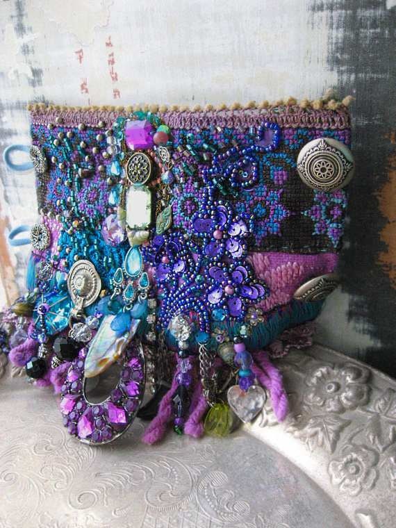 Cool Mystique Gypsy Jangle Bracelet, Heavily Beaded, Jeweled, Purple, Blue, Green, Black, Silver, Bohemian