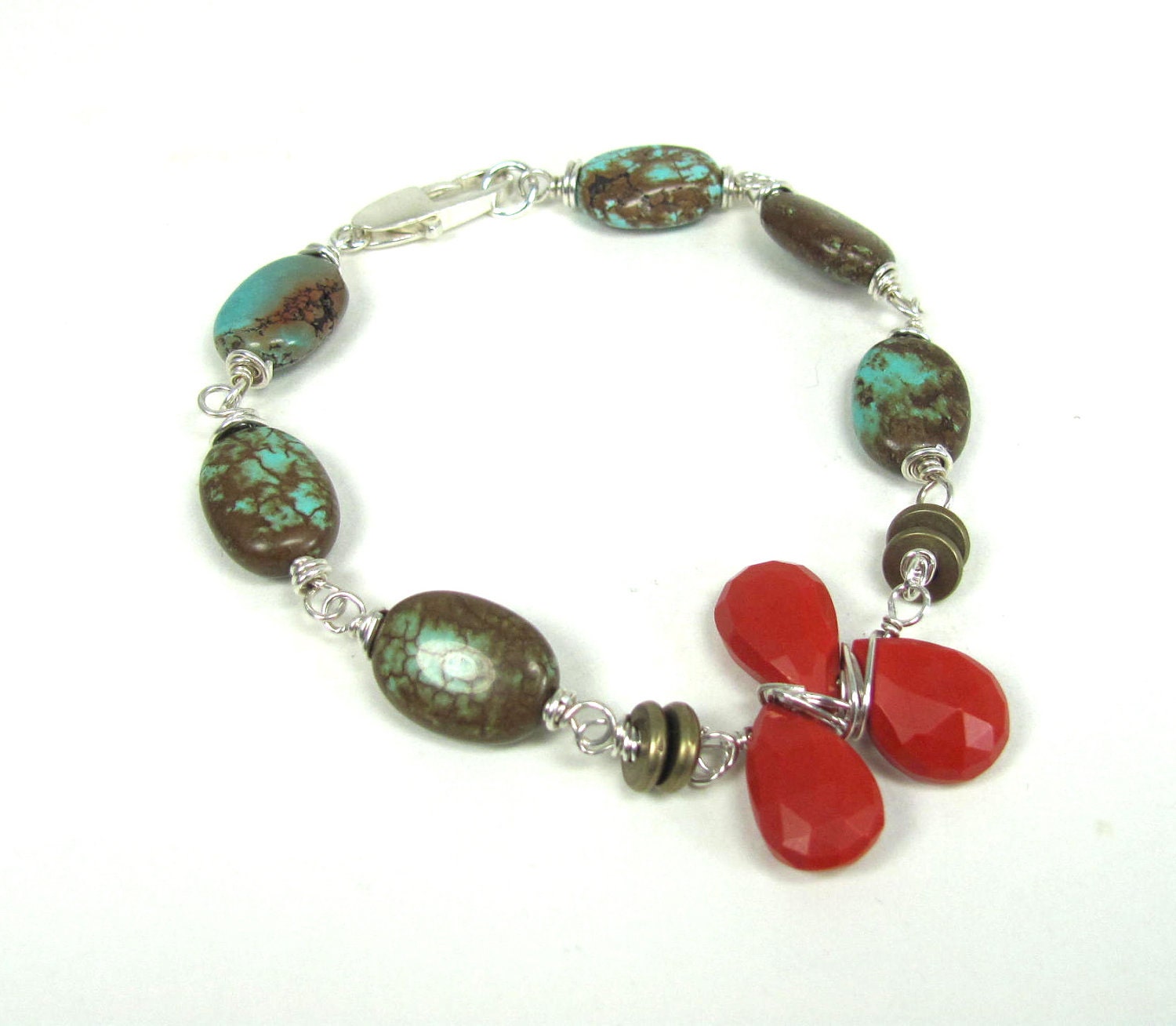 Turquoise, Cinnabar, Brass and Sterling Silver Bracelet